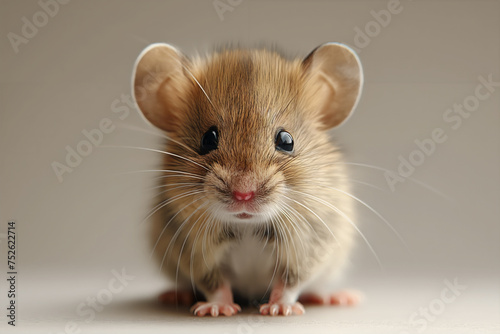 A tiny, cute mouse with large, shiny eyes, and soft brown fur looks directly at the camera, showcasing its innocent and curious nature.