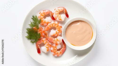 White round plate showcasing jumbo shrimp cocktail accompanied by cocktail sauce, mustard sauce, and mignonette sauce, against a white backdrop, viewed from above