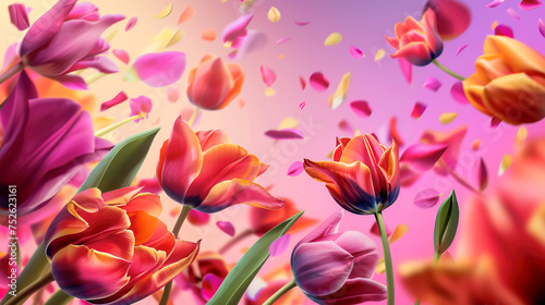 Floral pattern banner of pink tulips and petals flowing in the wind