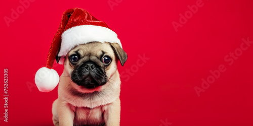 Puppy Pug in a Santas hat isolated on red background © shobakhul