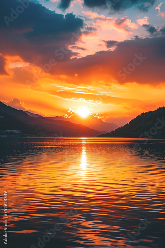 Epic golden sunset landscape by lake surrounded by mountains. Vertical image