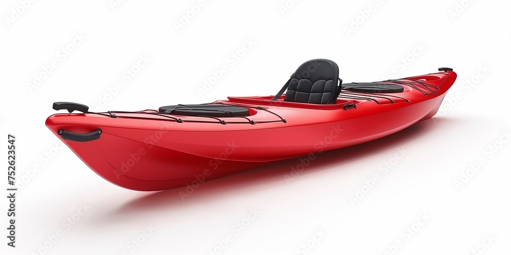 Naklejka premium Orange red plastic kayak with yellow paddle. 3D object isolated on white background