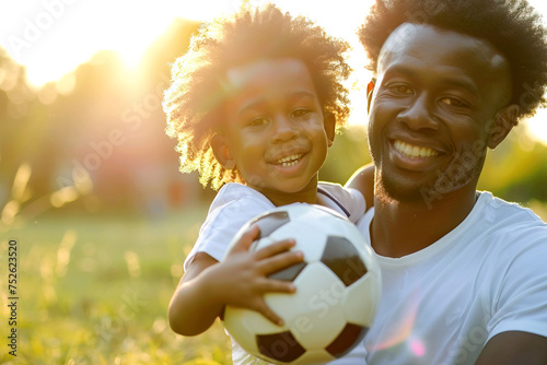 African father and son enjoying day in the park with soccer ball. Casual Father's Day conceptual portrait photo