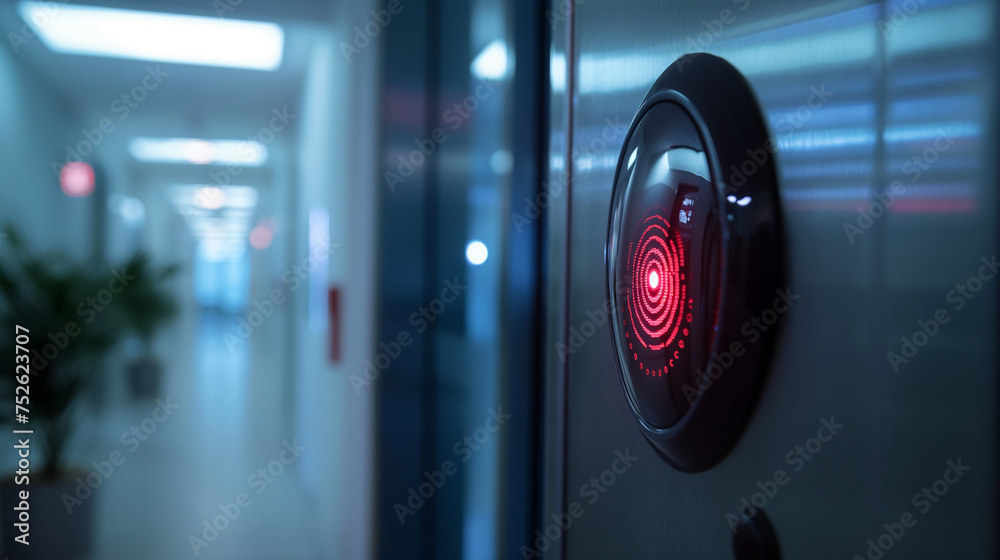 Electronic control machine with finger scan to access on the door of control room or data center, empty corridor with copy space, concept of data privacy, cyber security, identification recognizing. Electronic control machine with finger scan to access on the door of control room or data center, empty corridor with copy space, concept of data privacy, cyber security, identification recognizing.