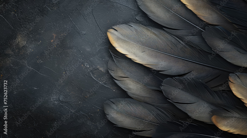 Naklejka premium background of black feathers, bird, magpie, crow, banner, space for text, abstract pattern, nature, plumage, animals, wing, flight, wallpaper, illustration, art, ornithology, fashion