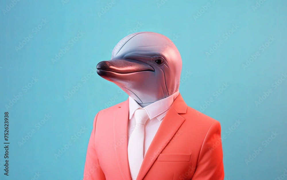 Dolphin in suit businessman fashion on bright pastel background. advertisement. presentation. commercial. editorial. copy text space.