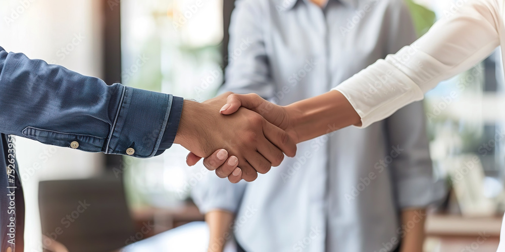 Fototapeta premium Hands shaking, closing deal, background person watching