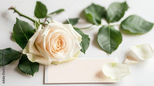 Blank for postcards. Place for lettering or congratulations. Cream rose and card for a motivational inscription. photo