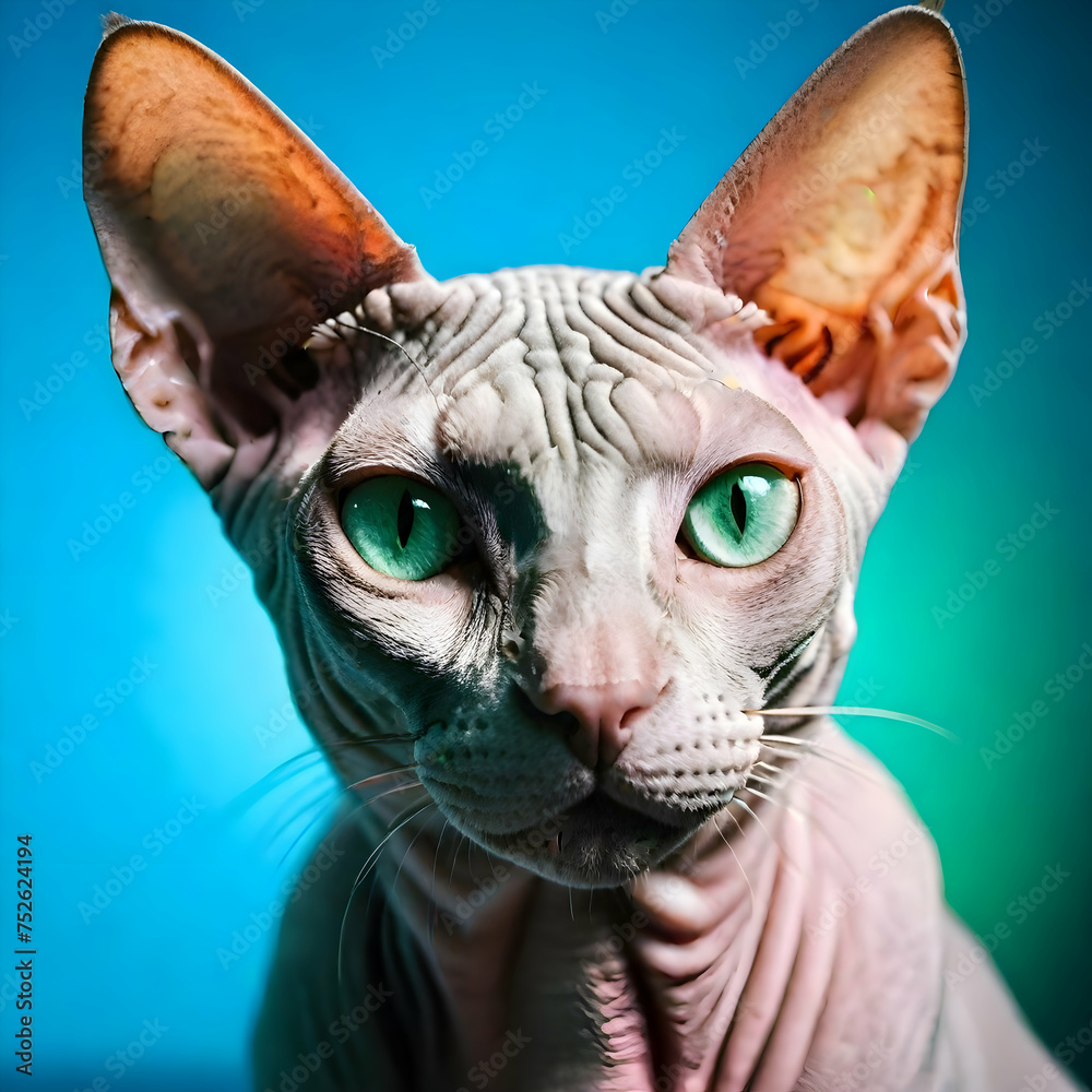 A Sphynx cat with green eyes against a blue background. Created by Generative AI Technology.