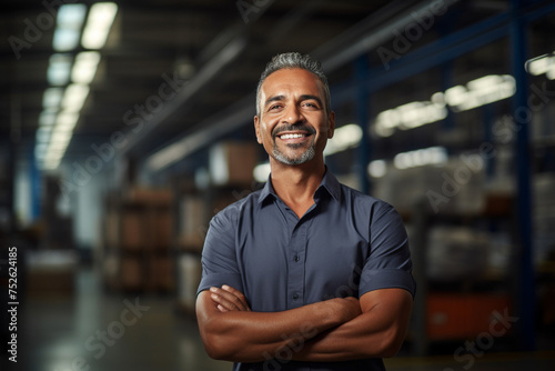 Male warehouse worker portrait standing with arms crossed in warehouse storage. Generative AI.