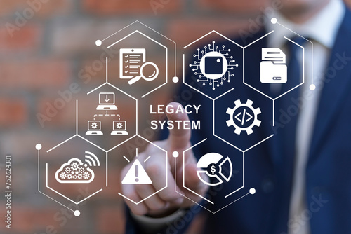 Obraz na płótnie Man using virtual touch screen presses inscription: LEGACY SYSTEMS. Legacy System Business Technology Interoperability Modernization concept. w salonie