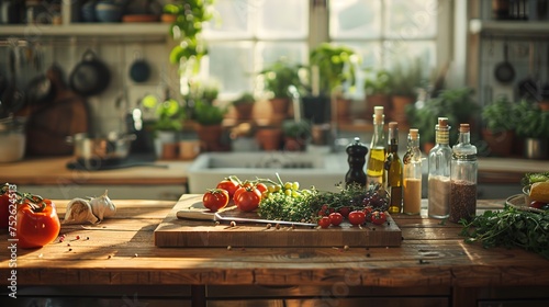 Kitchen Prep for Culinary Excellence, A Wooden Table Set with Fresh Ingredients and Tools Ready for a Cooking Demonstration or Recipe Presentation.