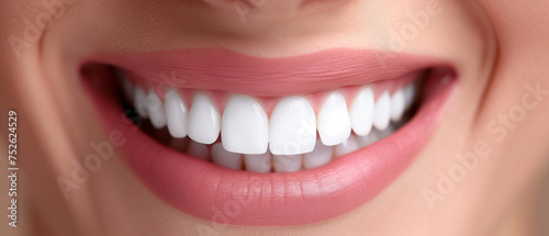 Perfect healthy teeth smile of a young woman. Close-up woman's mouth. Generative AI.