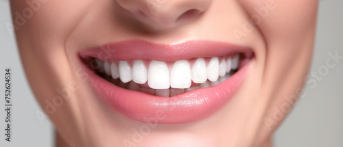 Perfect healthy teeth smile of a young woman. Close-up woman s mouth. Generative AI.