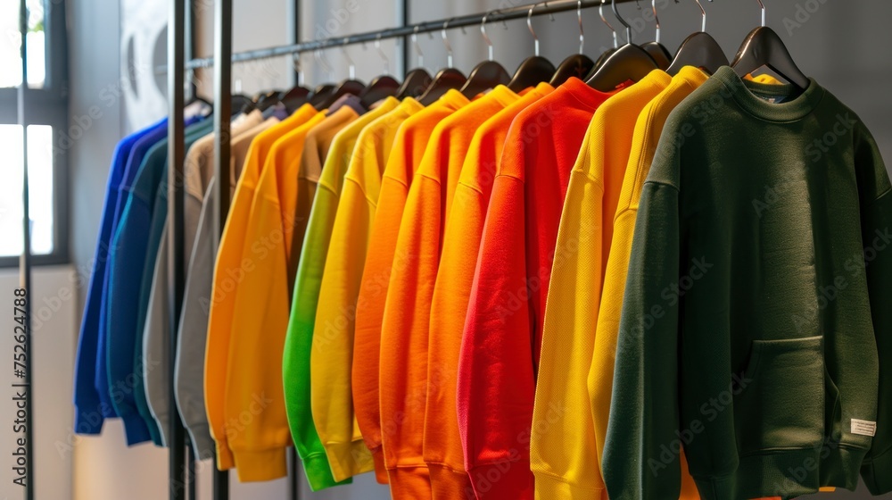 wardrobe full of pastel-colored sweatshirts in a gray room in high resolution and high quality. concept of clothing, buses wardrobe full of pastel-colored sweatshirts in a gray room in high resolution and high quality. concept of clothing, buses