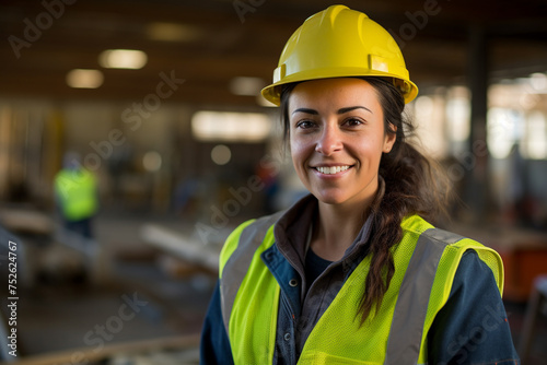 Woman worker carpenter wearing safety uniform standing at workshop manufacturing. Generative AI. © Brastock Images / AI