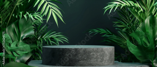 Modern product display stone podium and green leaves. Concept scene for new product. Generative AI photo