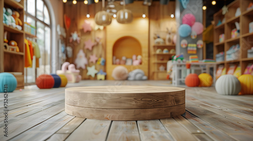 wooden podium table against the backdrop of a store with children's toys, for product presentation © Aiviart