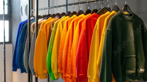 wardrobe full of pastel-colored sweatshirts in a gray room in high resolution and high quality. concept of clothing, buses