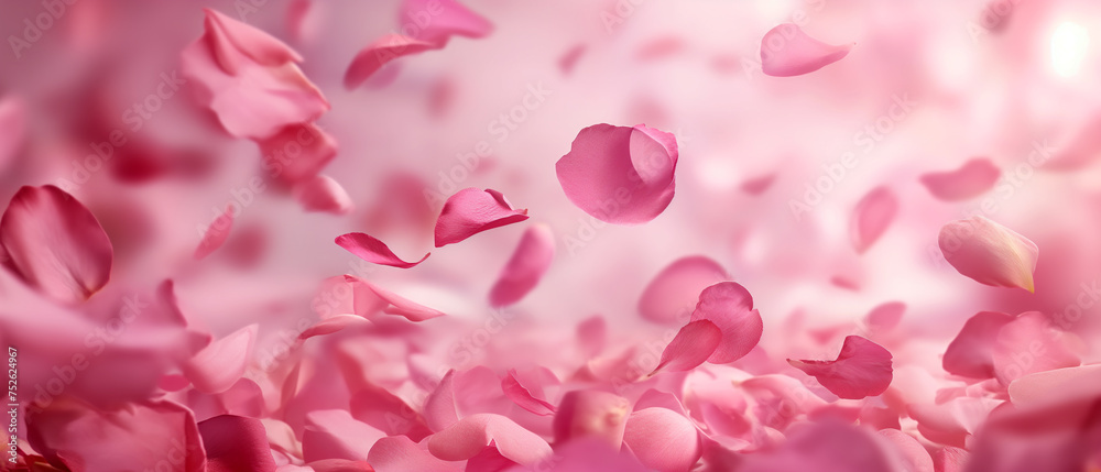 Flying pink rose petals. Abstract pink petals background. Panoramic. Generative AI. Flying pink rose petals. Abstract pink petals background. Panoramic. Generative AI.