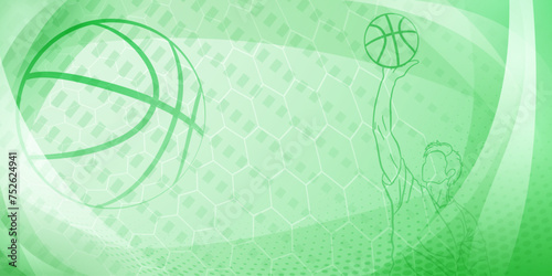 Basketball themed background in green tones with abstract meshes, curves and dots, with a male basketball player and ball
