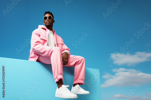 Cool young black man in pink attire posing sitting at a blue block under the blue sky. Generative AI