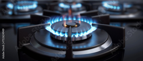 Blue flames of gas stove.Panoramic view of a panel from stove with a ring gas burner. Generative AI