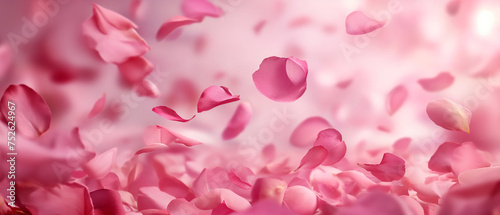 Flying pink rose petals. Abstract pink petals background. Panoramic. Generative AI.