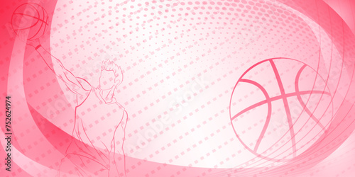 Basketball themed background in pink tones with abstract lines, curves and dots, with a male basketball player and ball