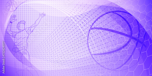 Basketball themed background in purple tones with abstract lines, meshes and dots, with a male basketball player and ball
