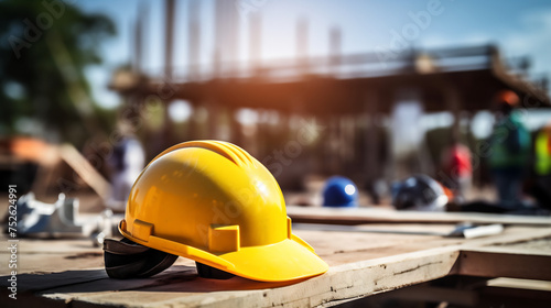 Yellow Hard Hat on Construction Site with Workers in Background. Safety First and Industrial Work Safety Concept photo