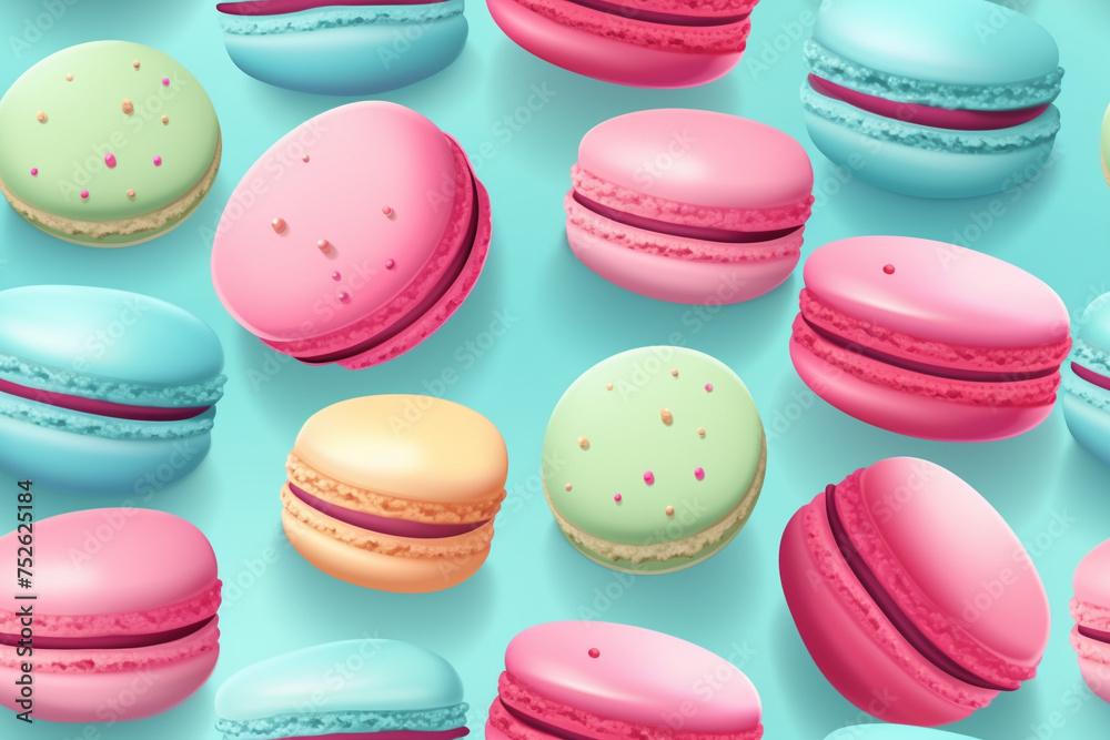 Fototapeta premium Cartoon style assorted colorful macaroons floating on a pastel blue background. Generative AI.