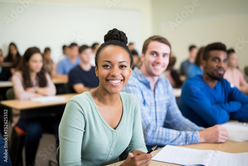 Confident Female Student Smiling in University Lecture Hall. Education and Academic Excellence Concept