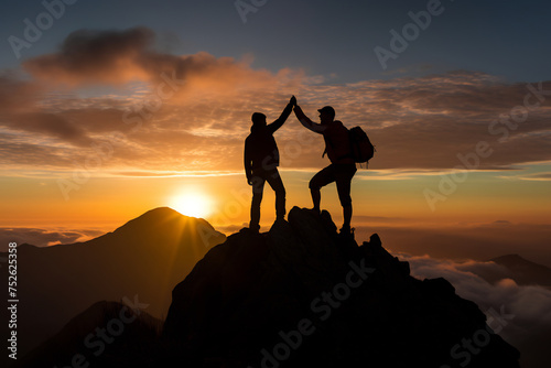 Silhouette of Two Climbers Helping Each Other on Mountain Summit at Sunrise. Teamwork and Adventure Concept