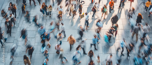 Panoramic view. Blurred abstract image of a crowd of anonymous people walking on busy city street.