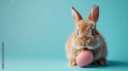 A cute easter bunny with an easter egg on a blue background with copy space, an abstract poster for sales and marketing © Jennifer
