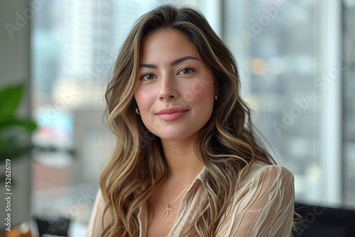 Attractive businesswoman with beautiful hair posing on blurred office background. Generative AI. Free Download Attractive businesswoman with beautiful hair posing on blurred office background. Generative AI. - GFXLoad