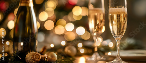Champagne bottle and glasses on a christmas decoration on bokeh lights background. Generative AI.