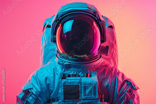Portrait of an astronaut in a spacesuit on a colorful neon background. Generative AI.