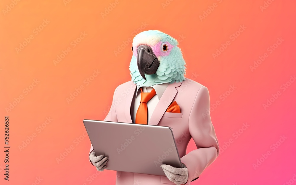 Parrot bird in suit holding a tablet while working on bright pastel background. advertisement. presentation. commercial. editorial. copy text space. Parrot bird in suit holding a tablet while working on bright pastel background. advertisement. presentation. commercial. editorial. copy text space.