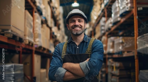 man with helmet looking at the camera working in a warehouse with boxes with good lighting in high resolution and high quality. concept work wine house man