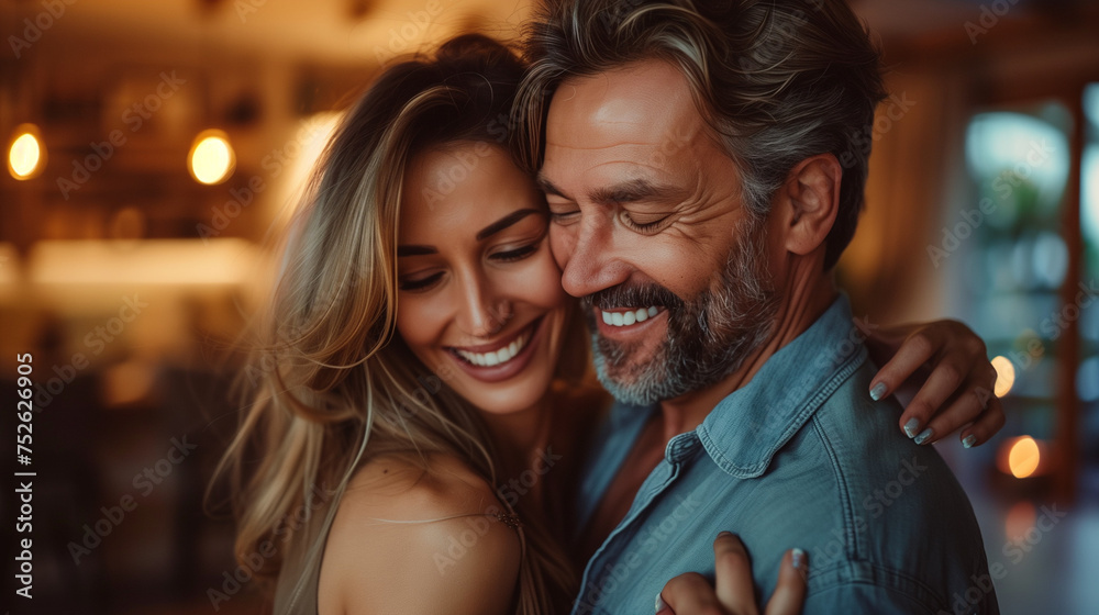 Happy couple adult caucasian man woman husband and wife dance at home Happy couple adult caucasian man woman husband and wife dance at home