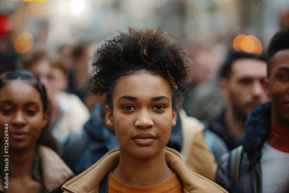 portrait of a young woman in a crowd of people on a busy city the street