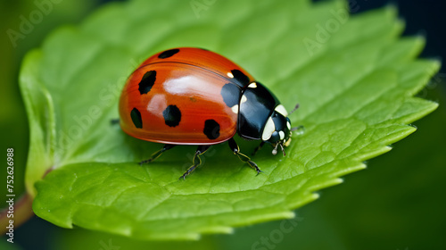 Macro Shot of a Vibrant Ladybug on a Lush Green Leaf. Nature's Detail and Ecosystem Concept © AspctStyle