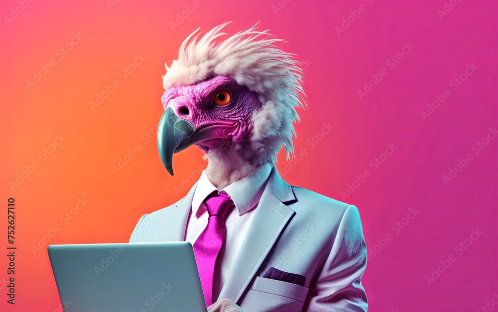 Vulture bird in suit holding a tablet while working on bright pastel background. advertisement. presentation. commercial. editorial. copy text space.