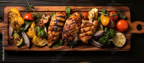 A wooden cutting board is adorned with grilled chicken pieces and an array of colorful vegetables like bell peppers, zucchini, and cherry tomatoes. The food is neatly arranged and ready to be served.