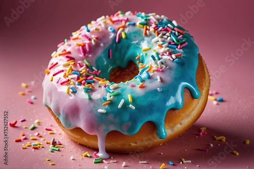 Cotton candy flavored doughnut with colorful sprinkles on top, in pink background
