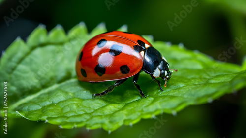 Macro Shot of a Vibrant Ladybug on a Lush Green Leaf. Nature's Detail and Ecosystem Concept
