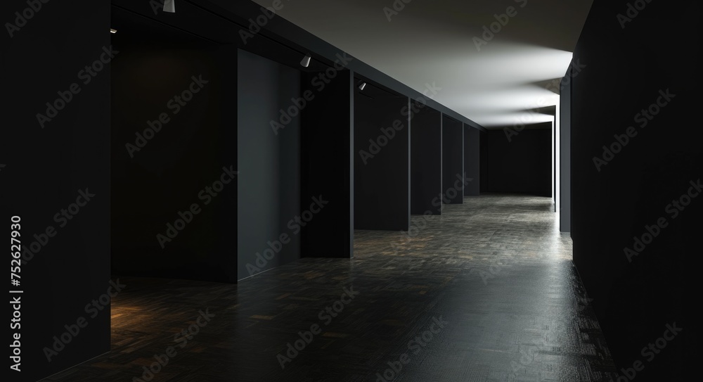 Modern Gallery Interior Design with Empty Black Wall and Three-Dimensional Exhibit Space