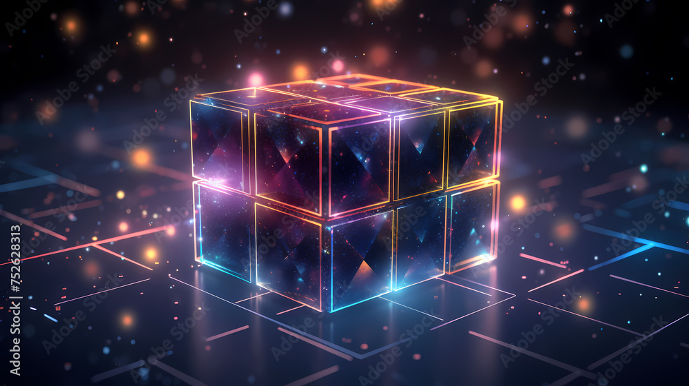 Blockchain cube with lines symbolizing the simplicity and security of distributed trust networks - obrazy, fototapety, plakaty 